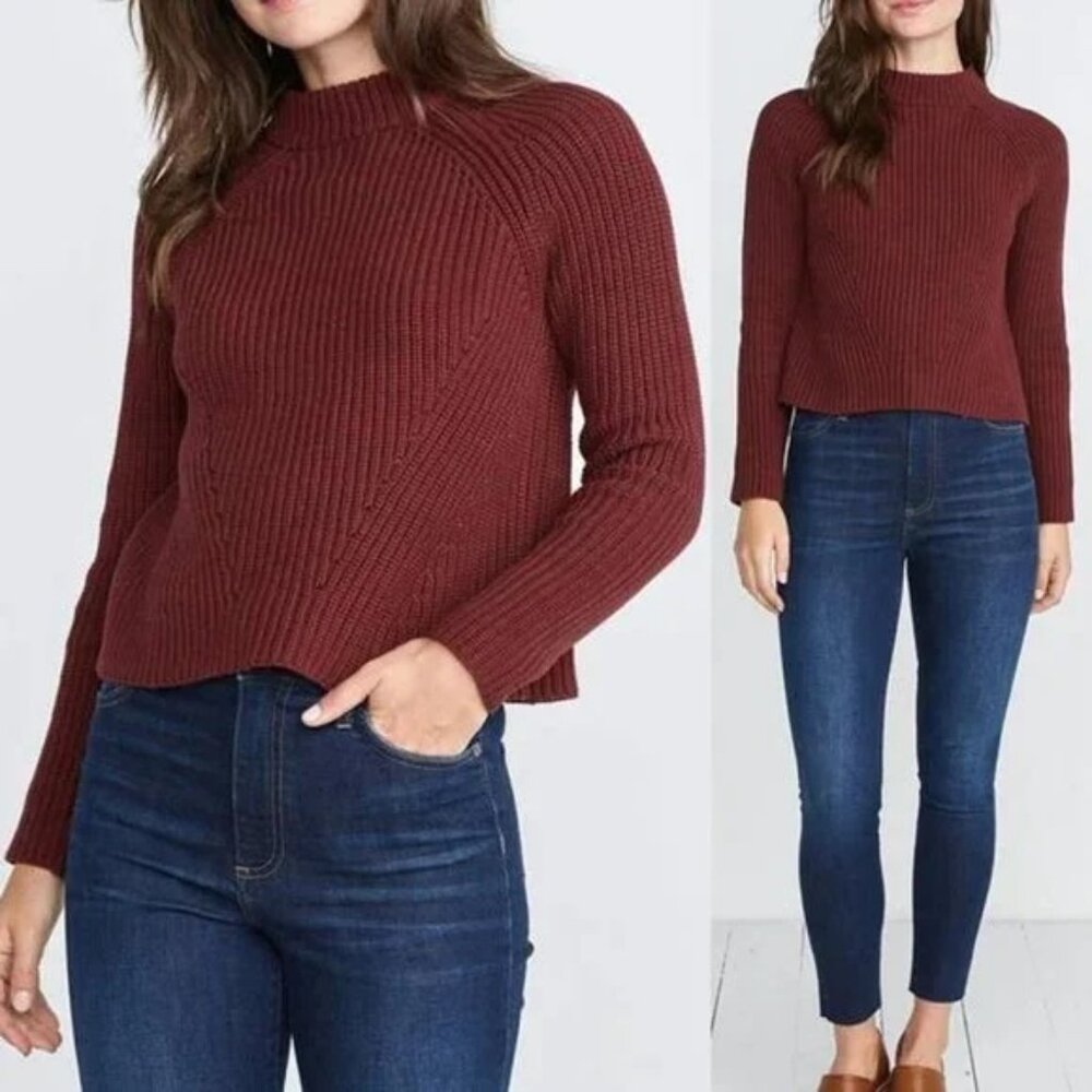 Marine Layer Cleo Mock Neck Knit Sweater in Rosewood 100% Cotton Pullover